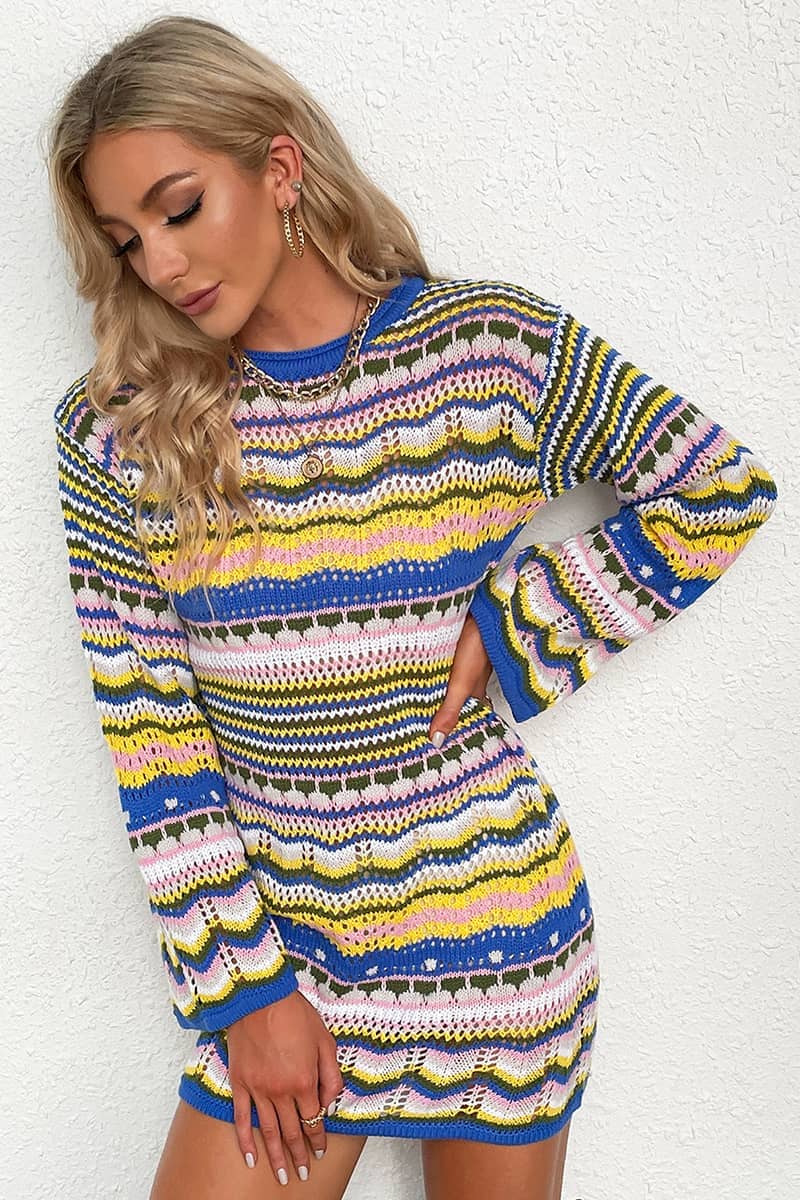 Round Neck Colorful Stripe Knitted Dress Mid Length Women's Sweater