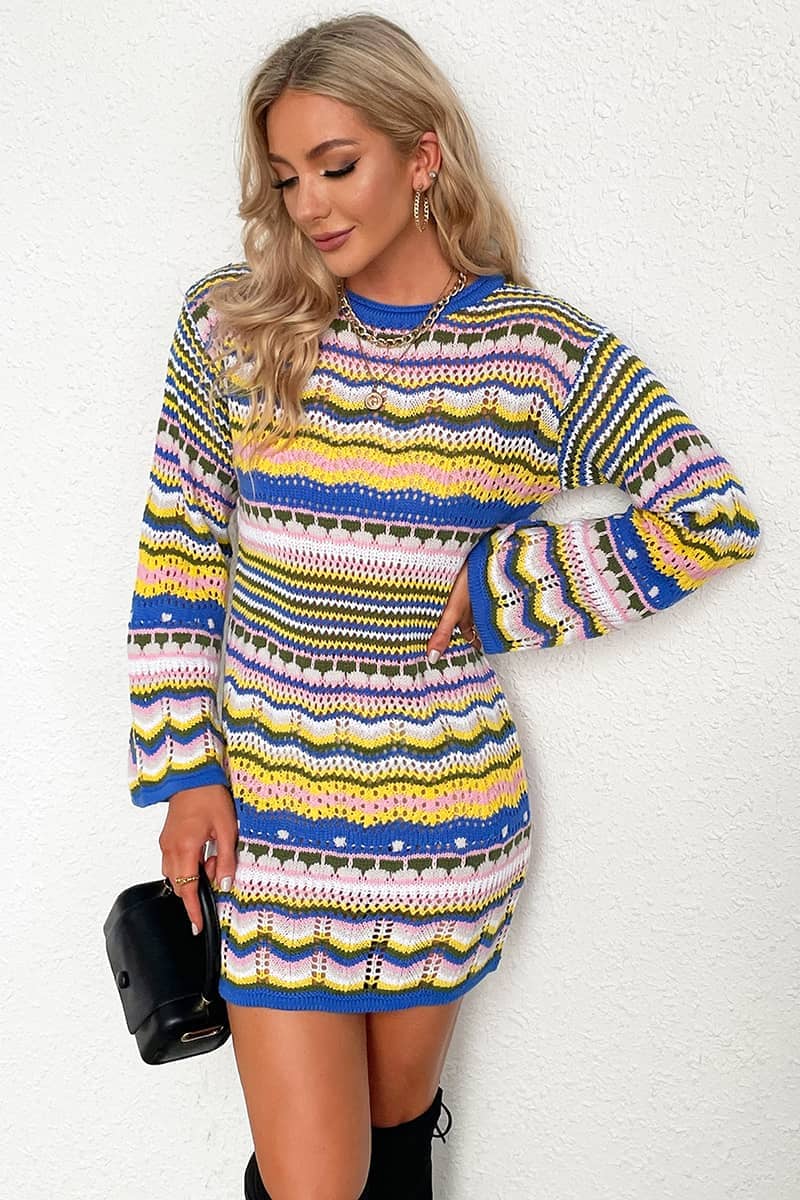 Round Neck Colorful Stripe Knitted Dress Mid Length Women's Sweater