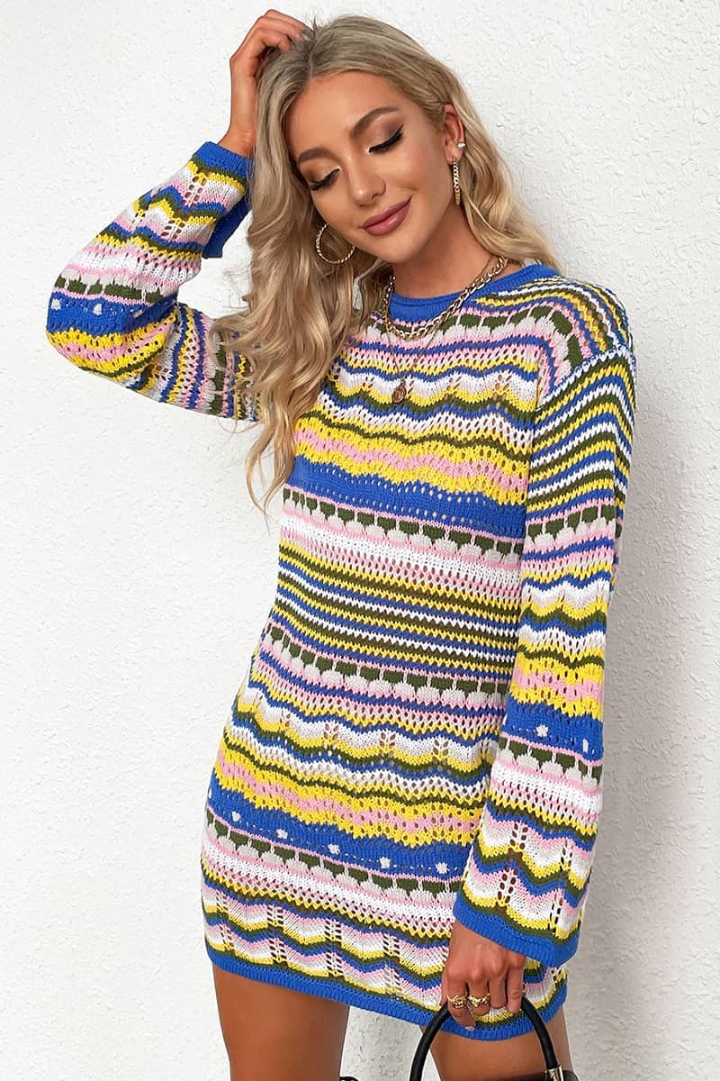 Round Neck Colorful Stripe Knitted Dress Mid Length Women's Sweater