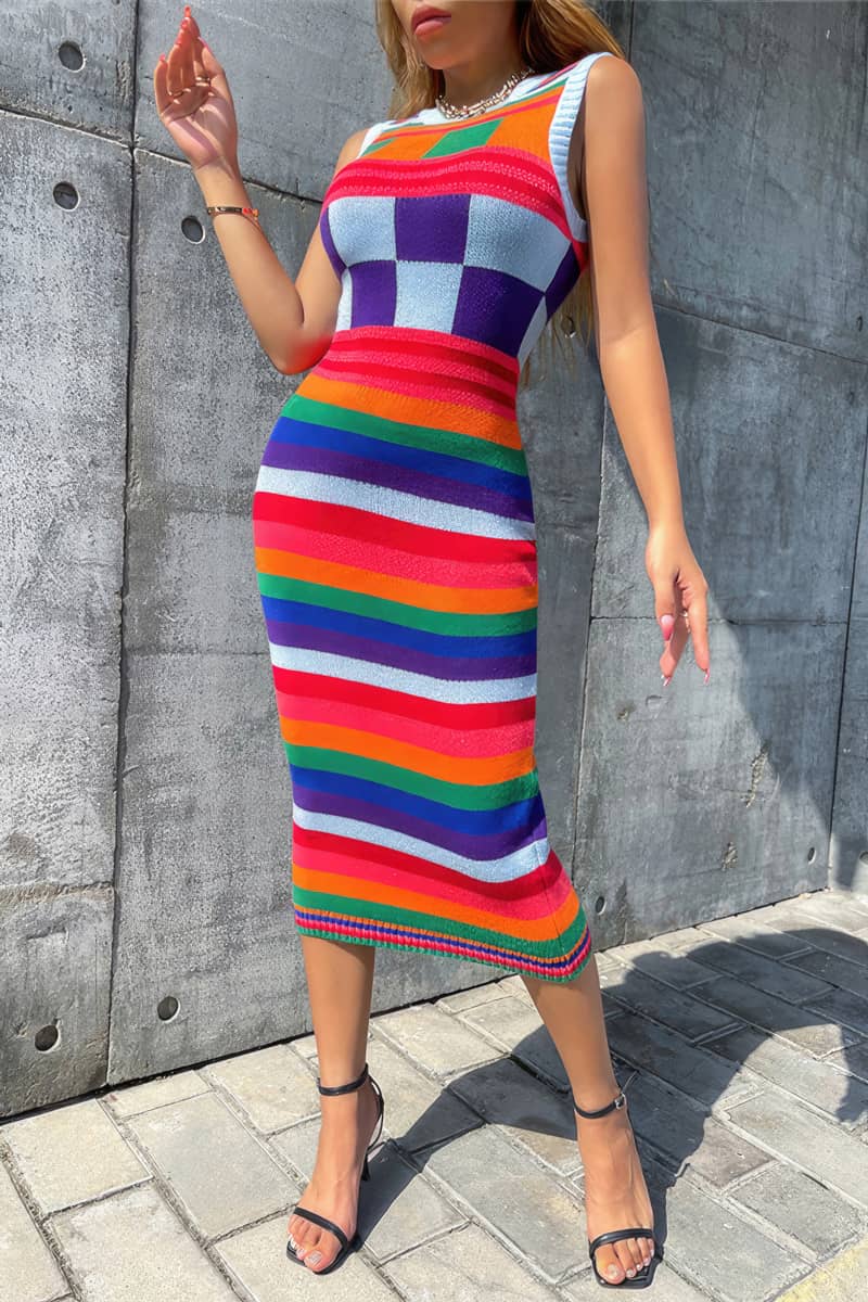 Sleeveless colorblock check stripe slim dress sweater