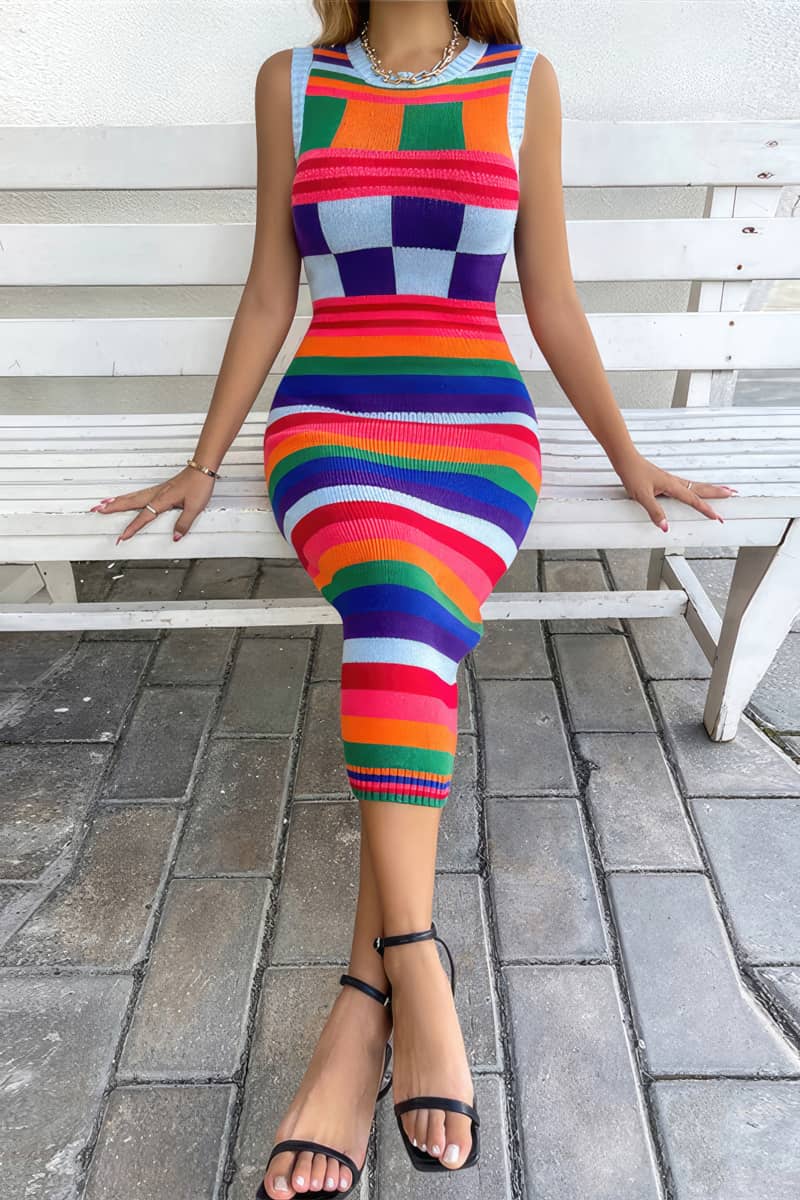 Sleeveless colorblock check stripe slim dress sweater
