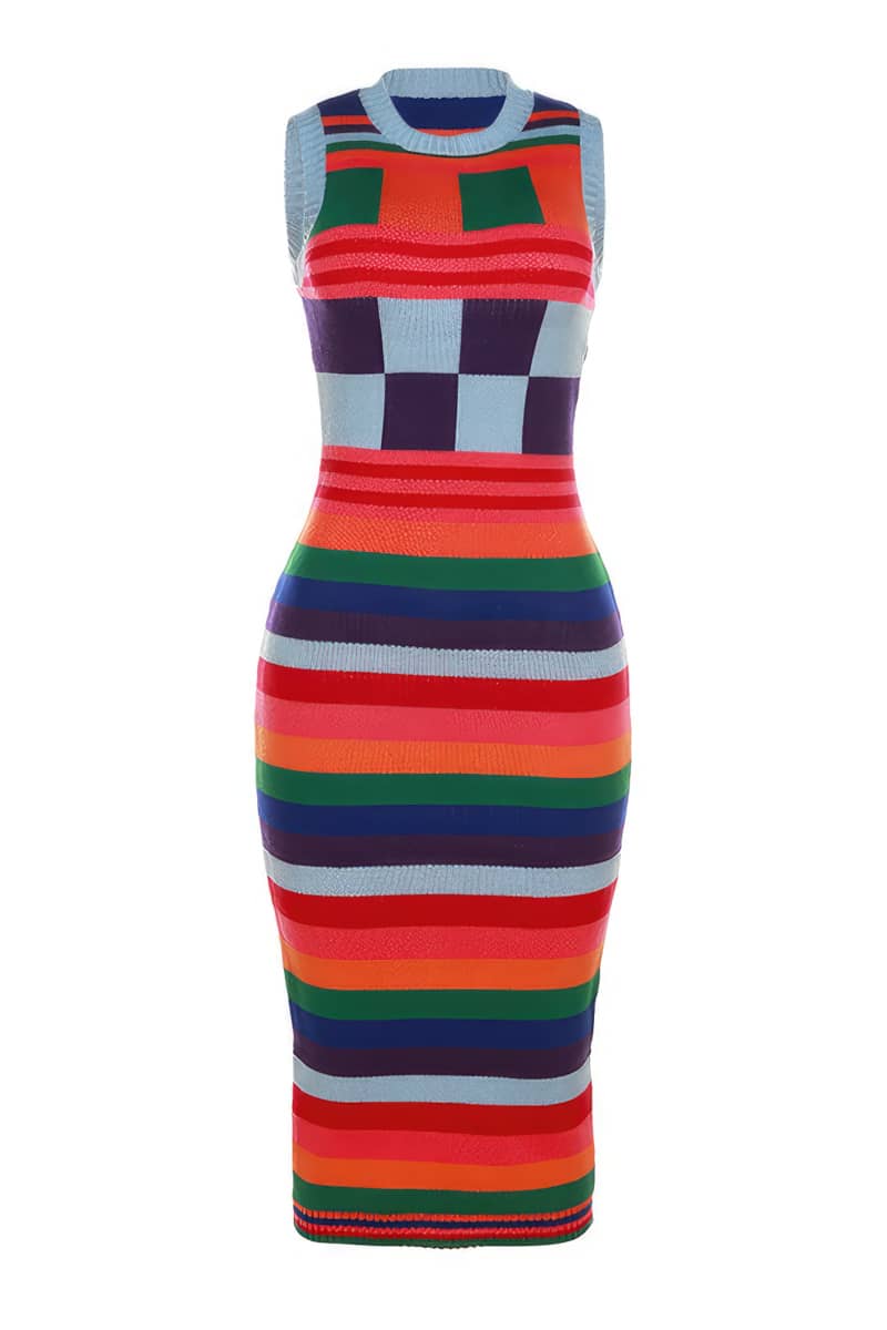 Sleeveless colorblock check stripe slim dress sweater