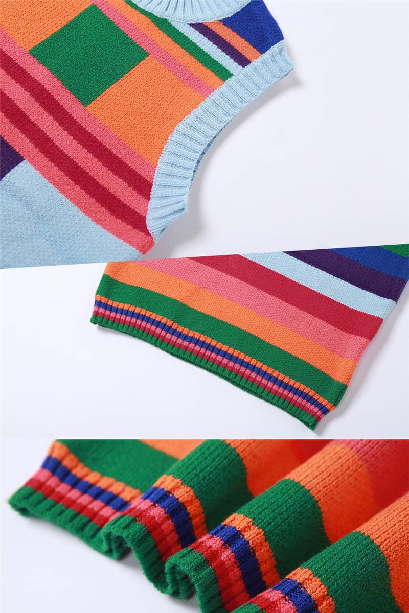 Sleeveless colorblock check stripe slim dress sweater