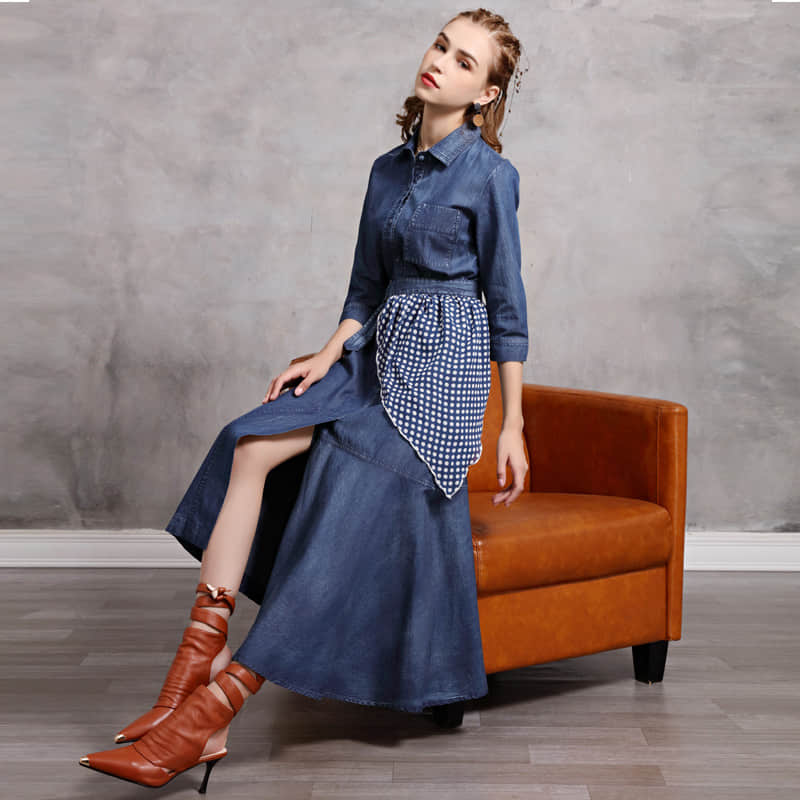 Irregular stitching polka dot belt spring denim dress M | IFAUN