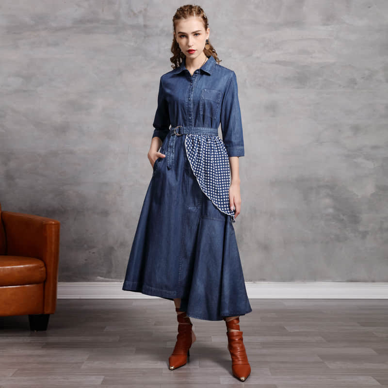 Irregular stitching polka dot belt spring denim dress L | IFAUN