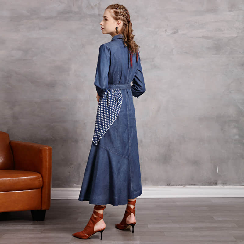 Irregular stitching polka dot belt spring denim dress XL | IFAUN