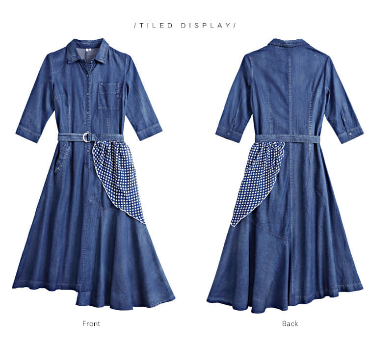Irregular stitching polka dot belt spring denim dress  | IFAUN