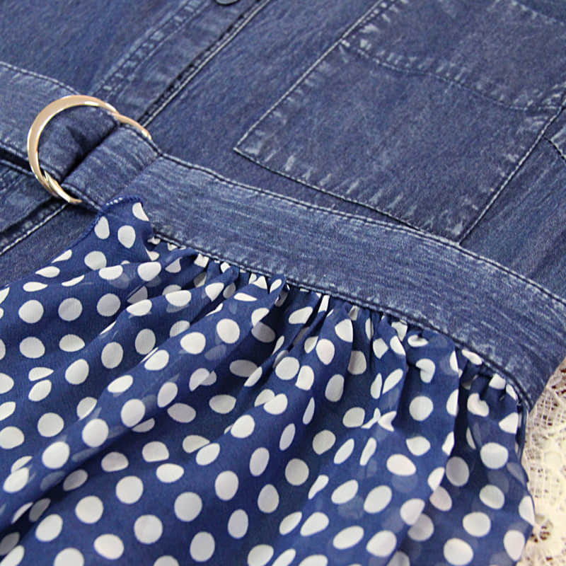 Irregular stitching polka dot belt spring denim dress  | IFAUN