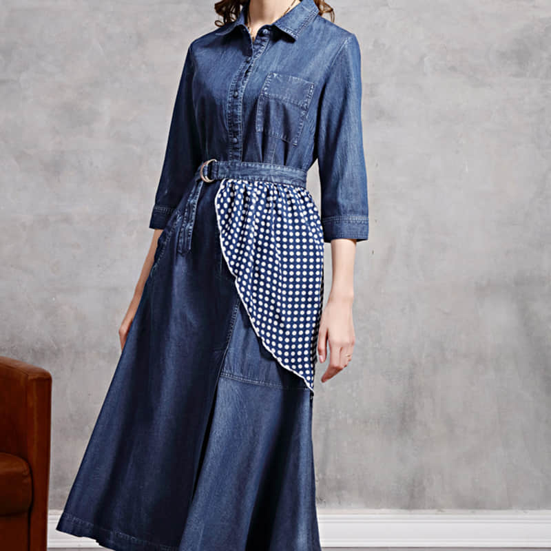 Irregular stitching polka dot belt spring denim dress S | IFAUN