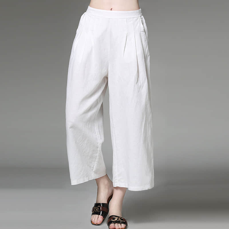 Plus size women's all-match linen cotton wide-leg pants White / XL | IFAUN