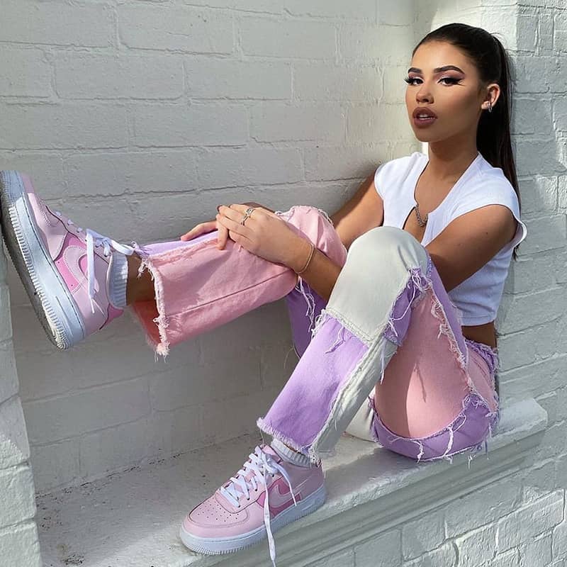 Stitched plaid contrast high-rise jeans  | IFAUN