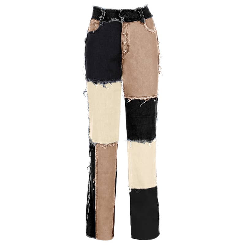 Stitched plaid contrast high-rise jeans Black / 2XL | IFAUN