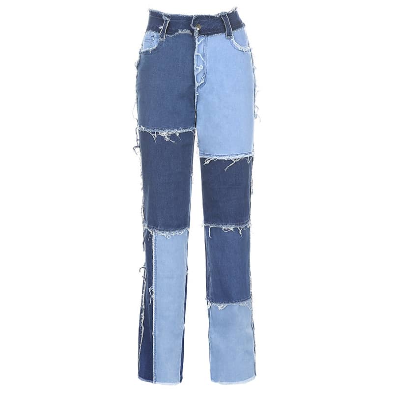 Stitched plaid contrast high-rise jeans Blue / S | IFAUN