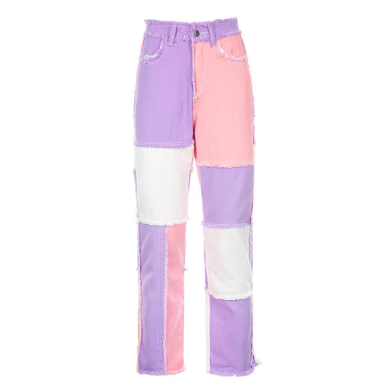 Stitched plaid contrast high-rise jeans Pink / M | IFAUN