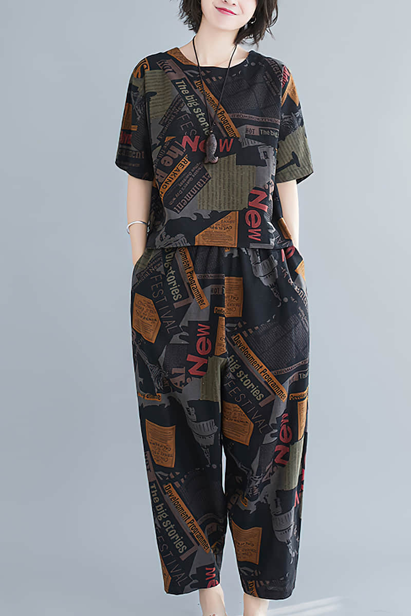 Large size printed casual Loungewear suit Black / XL | IFAUN