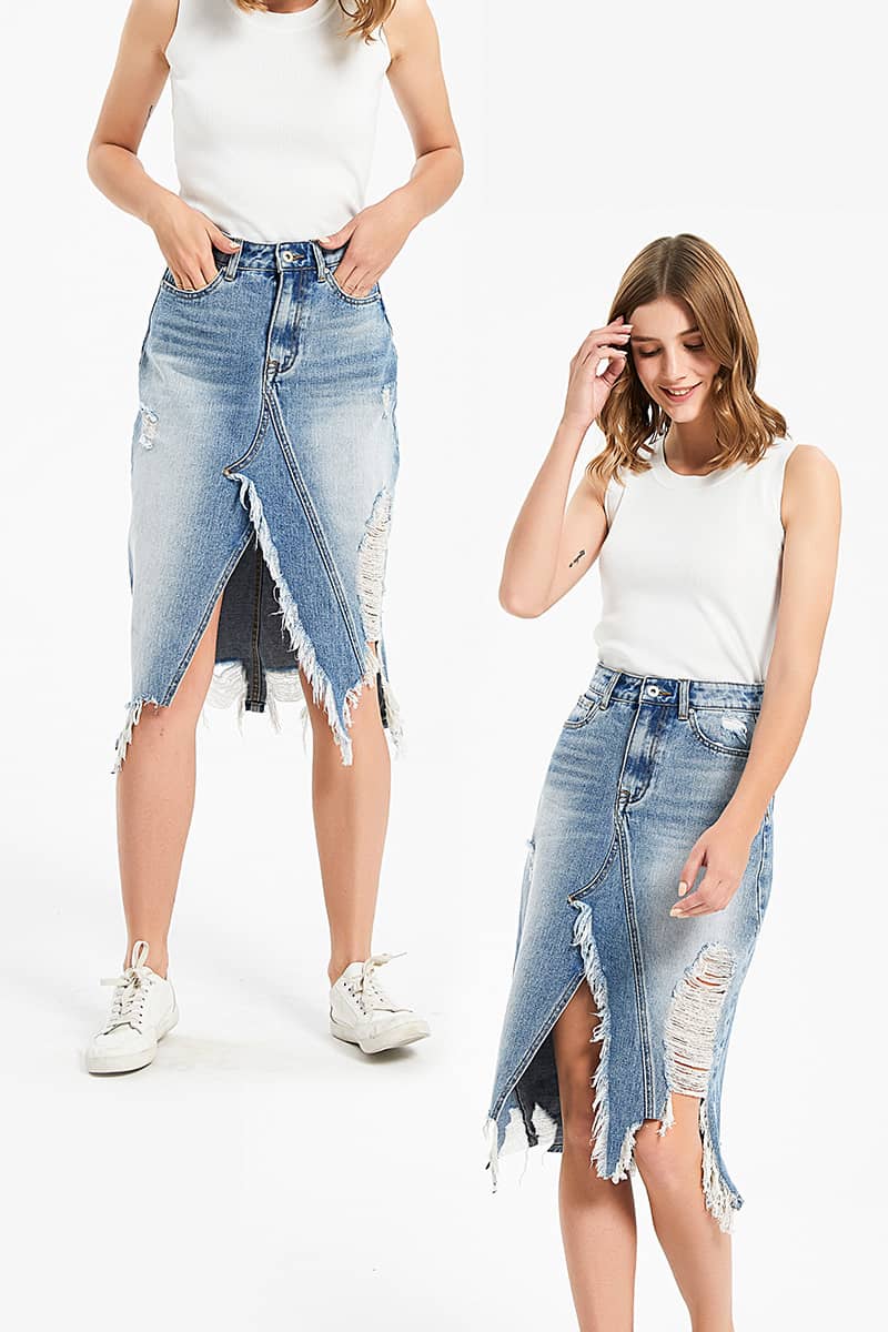 Irregular fringe ripped denim skirt M | IFAUN