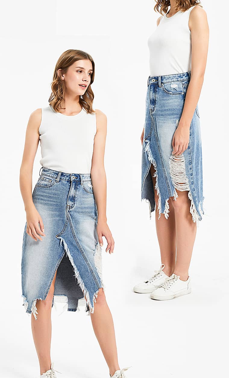Irregular fringe ripped denim skirt L | IFAUN