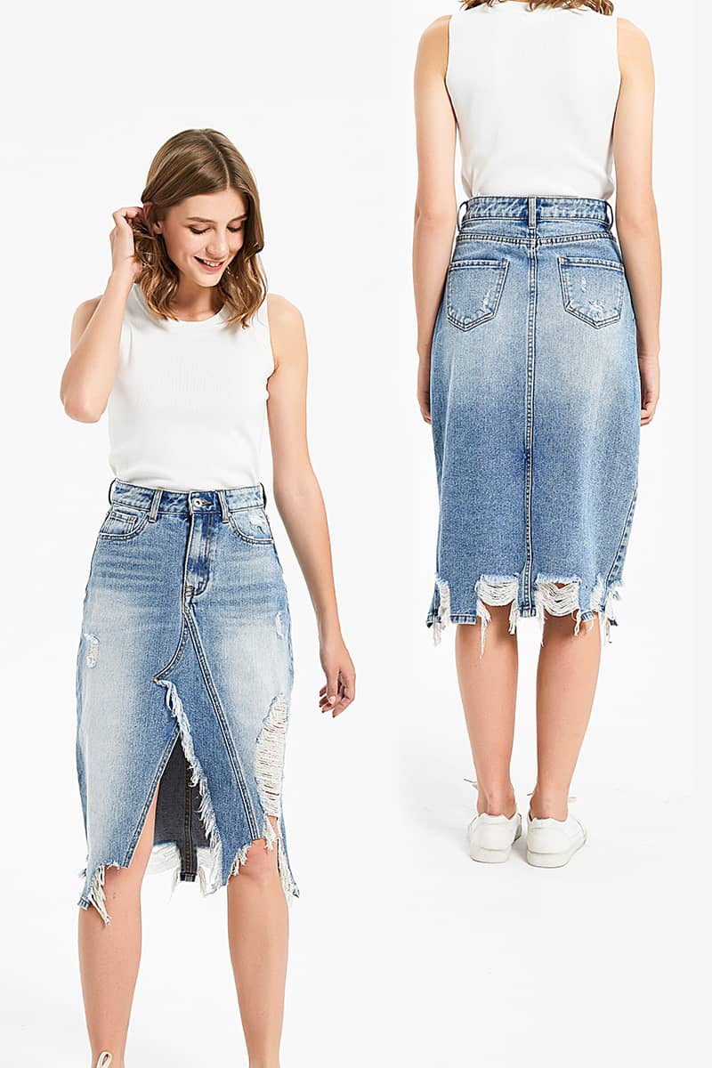 Irregular fringe ripped denim skirt  | IFAUN