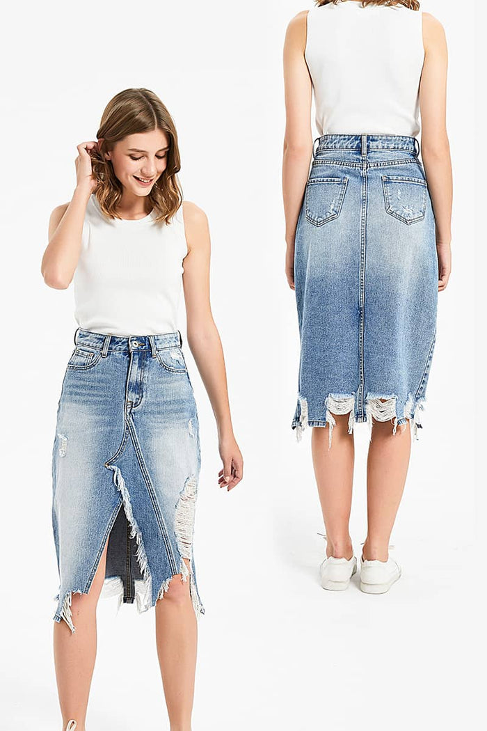 Fashion Ripped Fringed Irregular Hem Denim Skirt main image 1