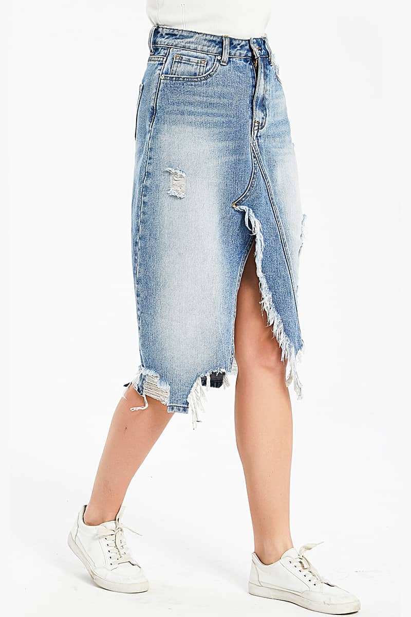 Irregular fringe ripped denim skirt XL | IFAUN