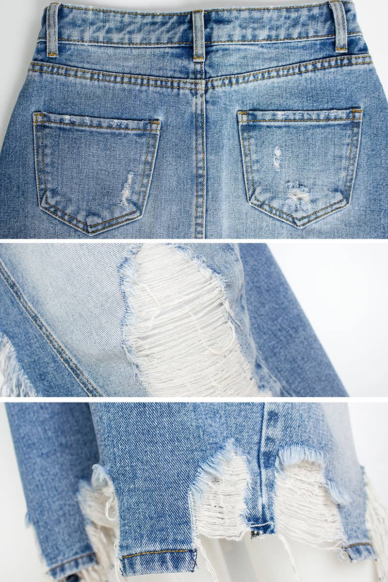 Irregular fringe ripped denim skirt  | IFAUN