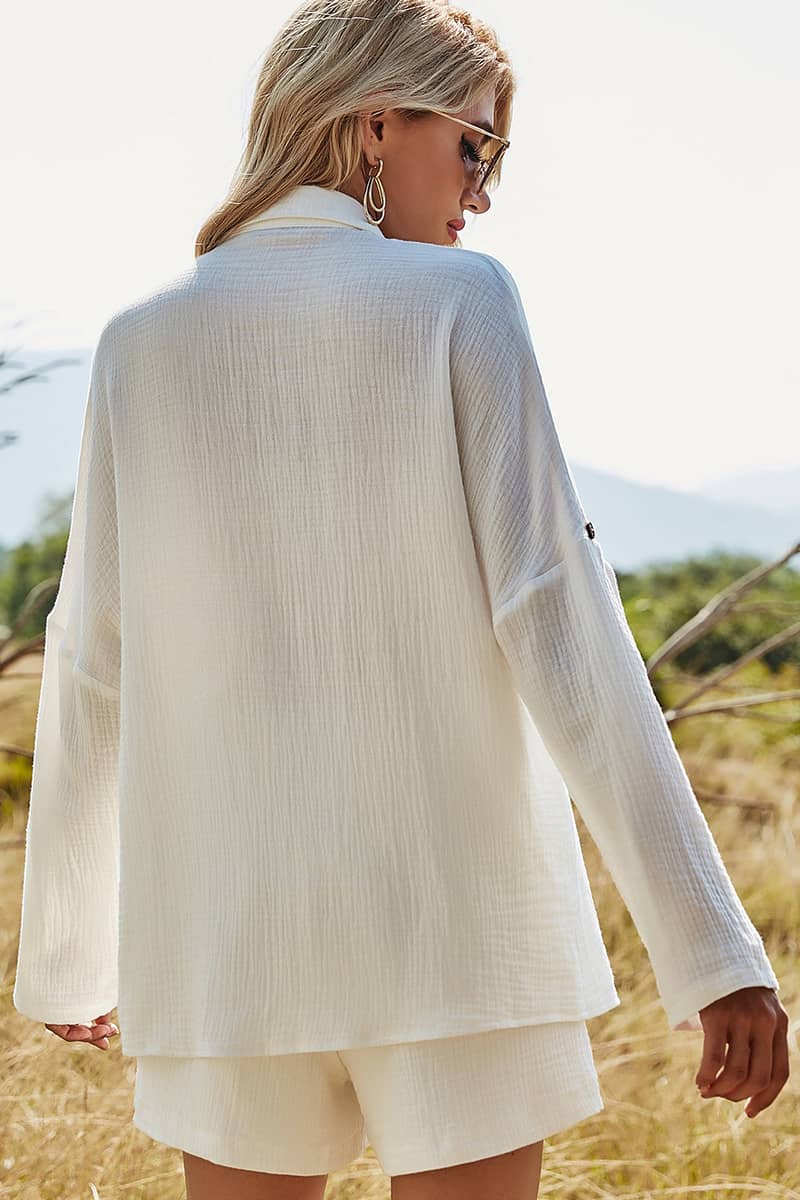 Long Sleeve White Shirt Top Cotton Linen Shorts Casual Suit  | IFAUN