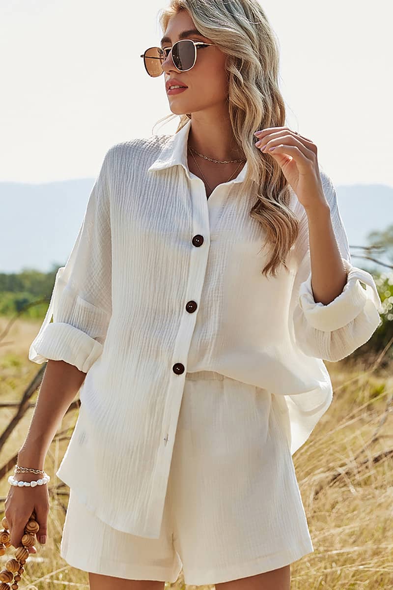 Long Sleeve White Shirt Top Cotton Linen Shorts Casual Suit White / L | IFAUN