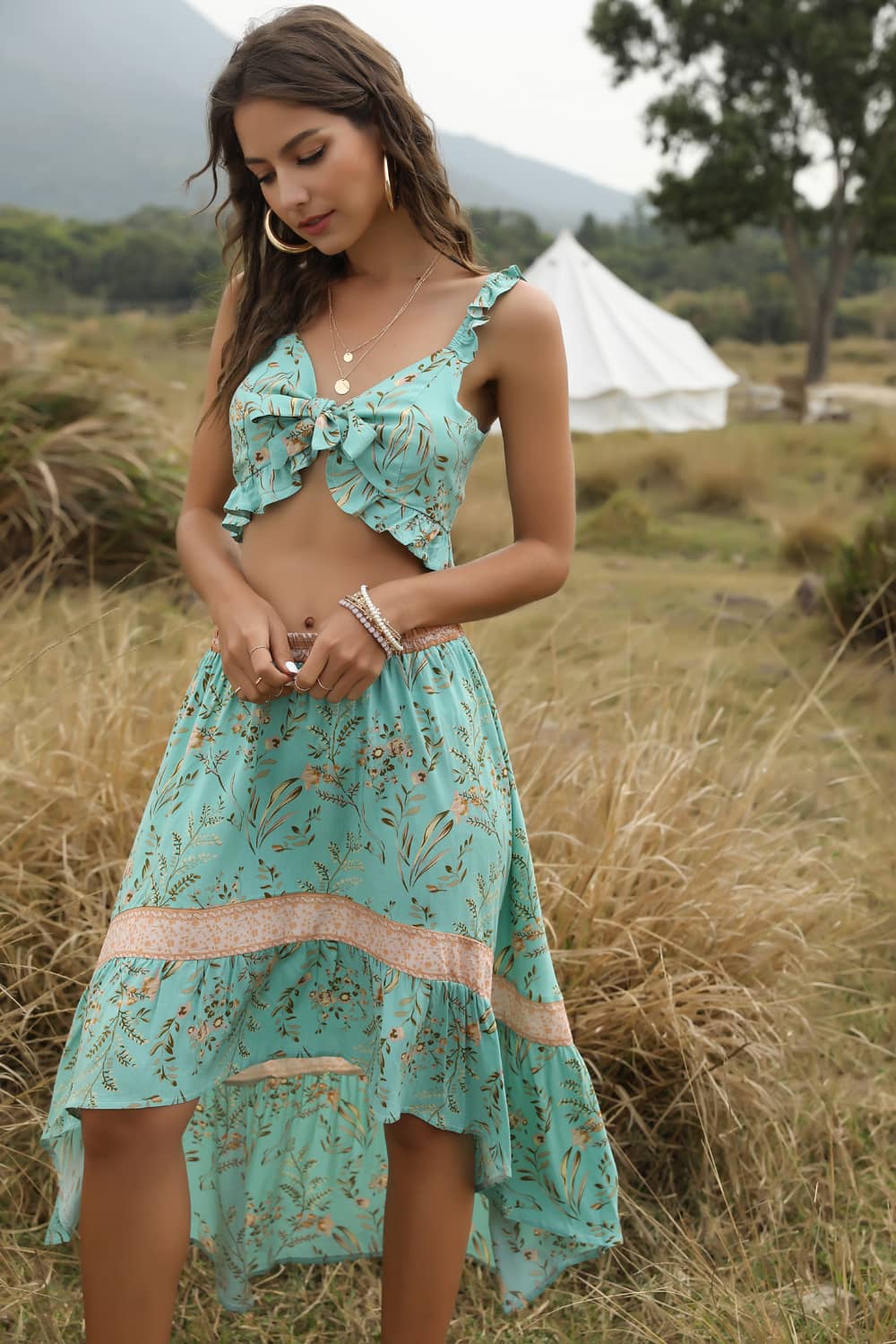 Spring and summer casual printing two-piece Green / L | IFAUN