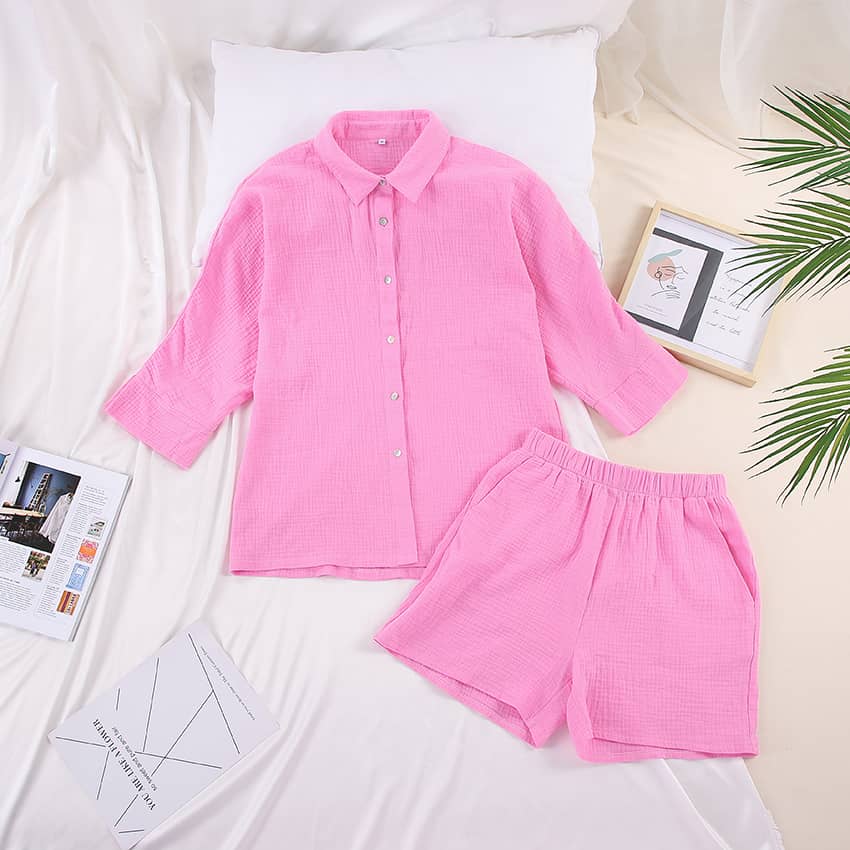 Women's cardigan shorts cotton two-piece suit Pink / L | IFAUN