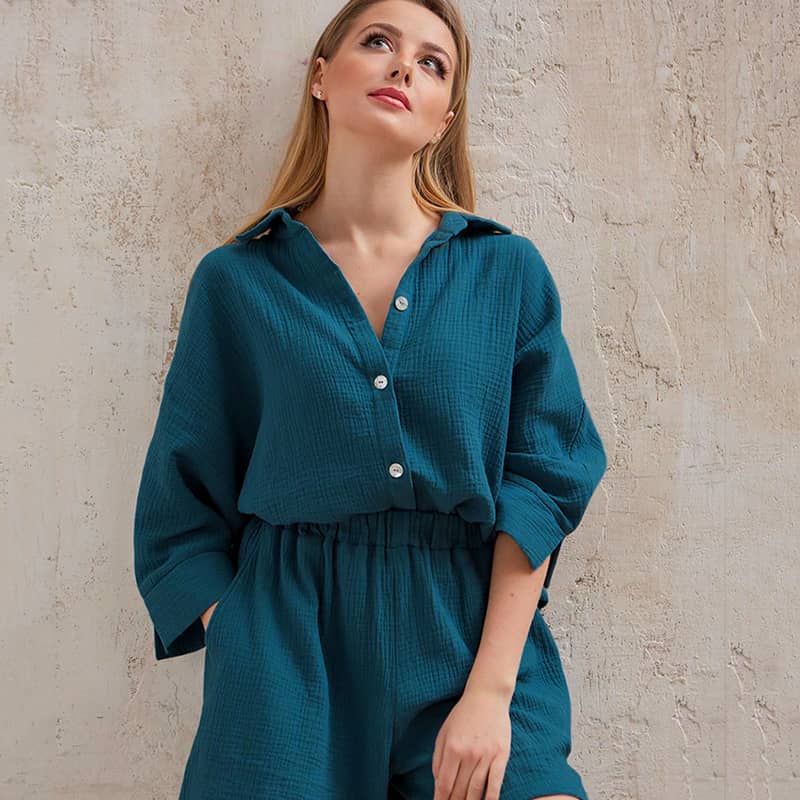Women's cardigan shorts cotton two-piece suit Green / L | IFAUN