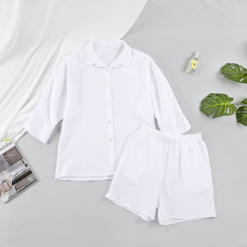Women's cardigan shorts cotton two-piece suit White / L | IFAUN