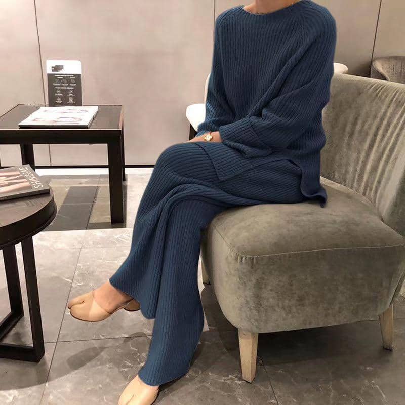 Autumn knitted sweater wide leg pants two-piece women