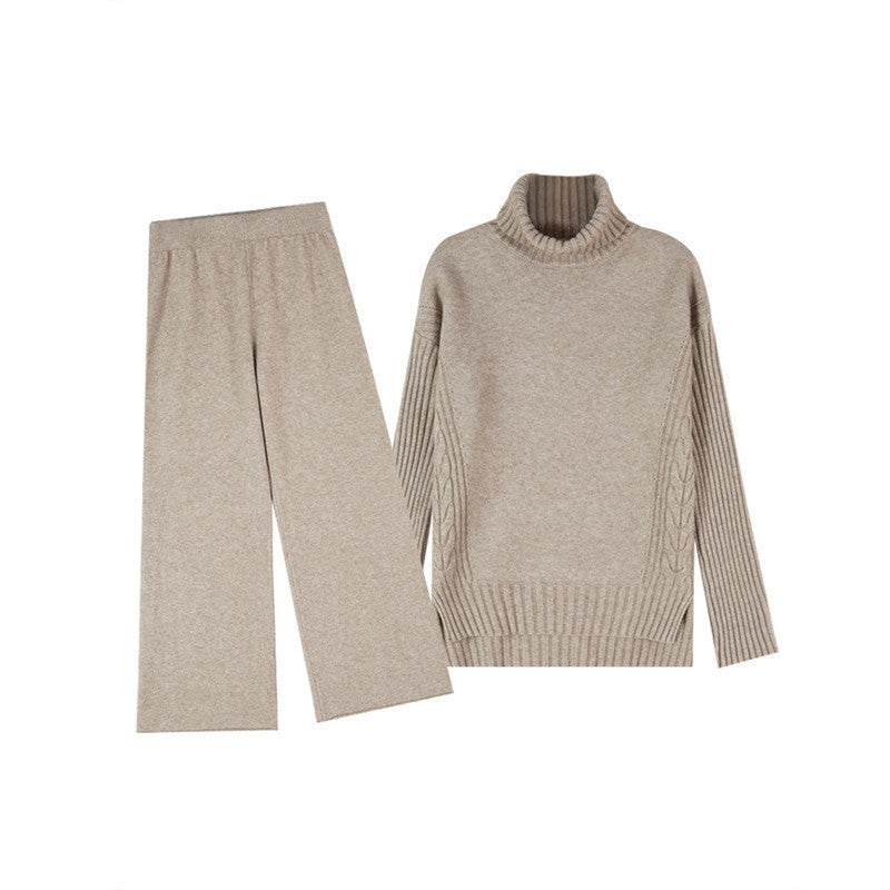 High neck split sweater + loose wide-leg pants two-piece