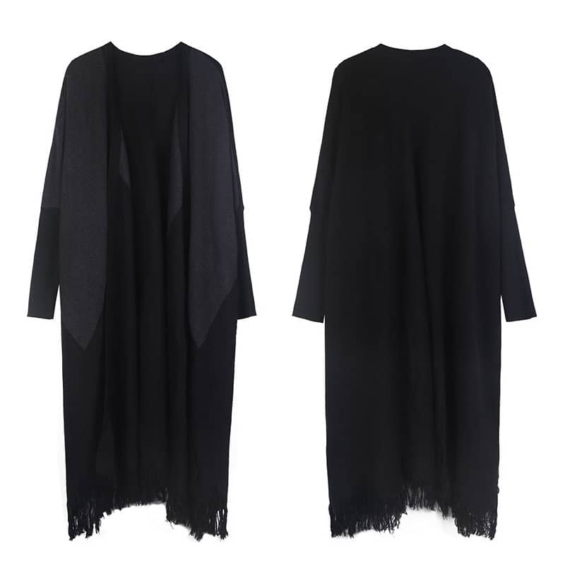 Women's mid-length colorblock wool knitted cardigan loose fringed coat