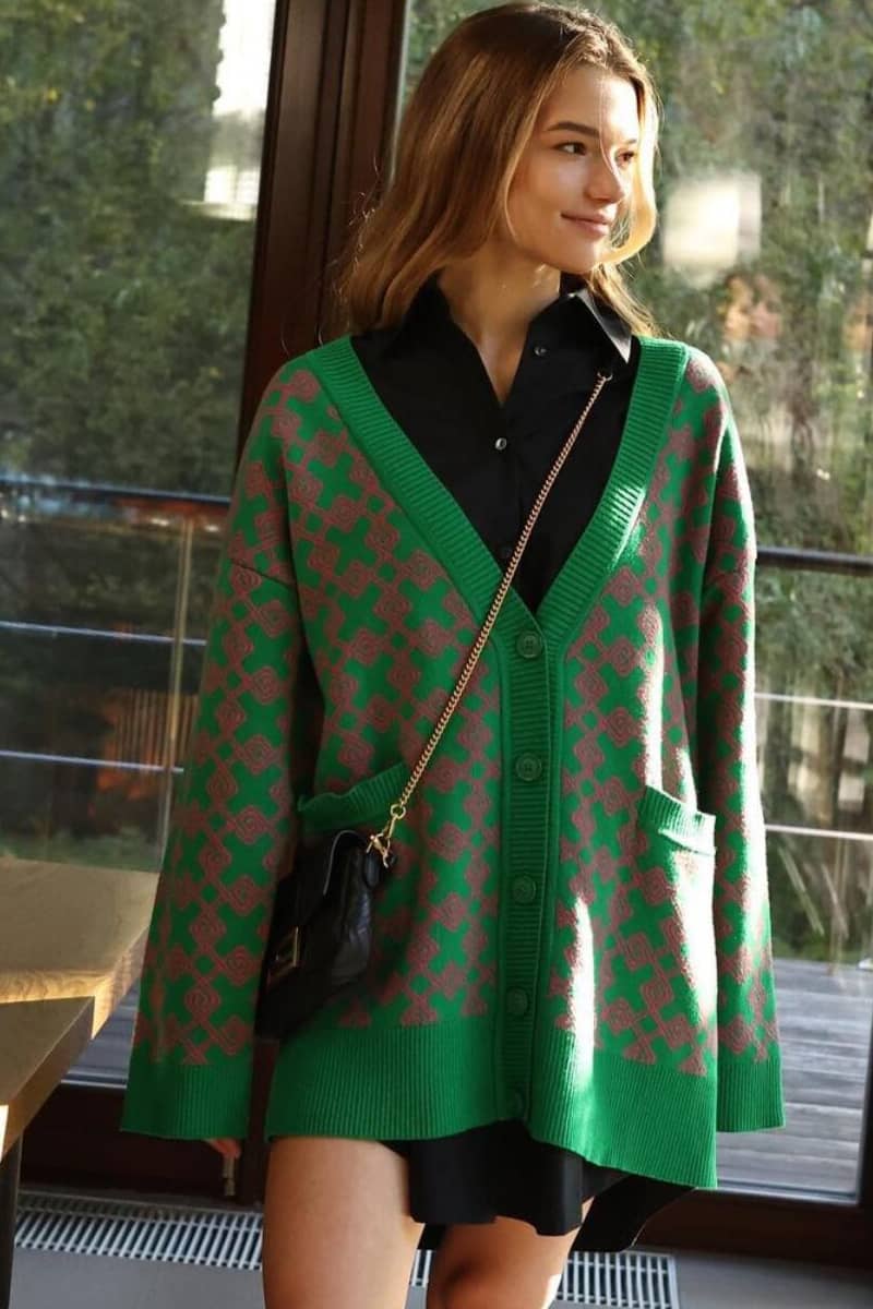 Sweater cardigan jacquard mid-length cardigan